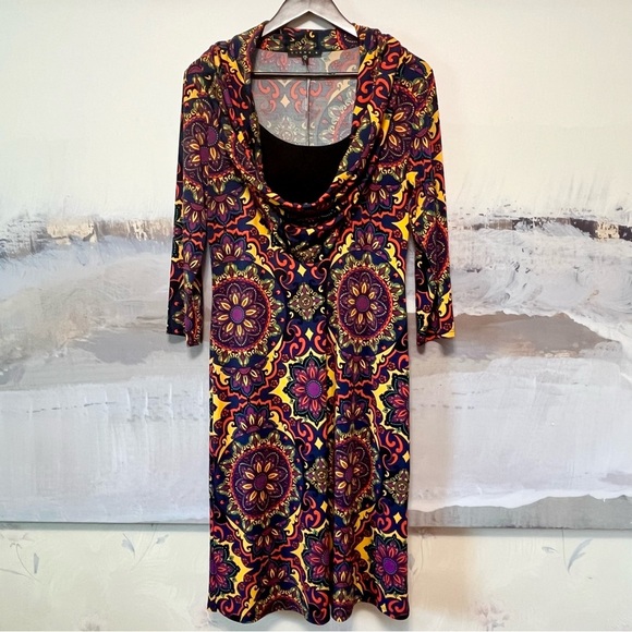 TIANA B. Slinky Liquid Knit Midi Dress Women S Paisley BOHO Drop Cowl Neck Retro - Picture 1 of 14